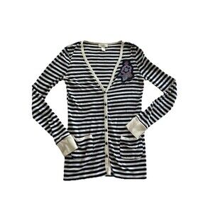 Loft womens medium Cardigan Stripes Navy White button up flower applique